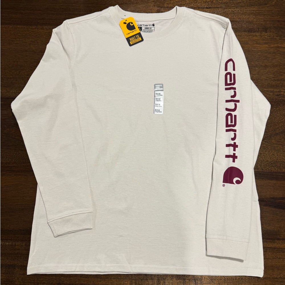 NWT Carhartt Women’s L Loose Fit Long Logo Sleeve Heavy Weight Neutral Graphic T